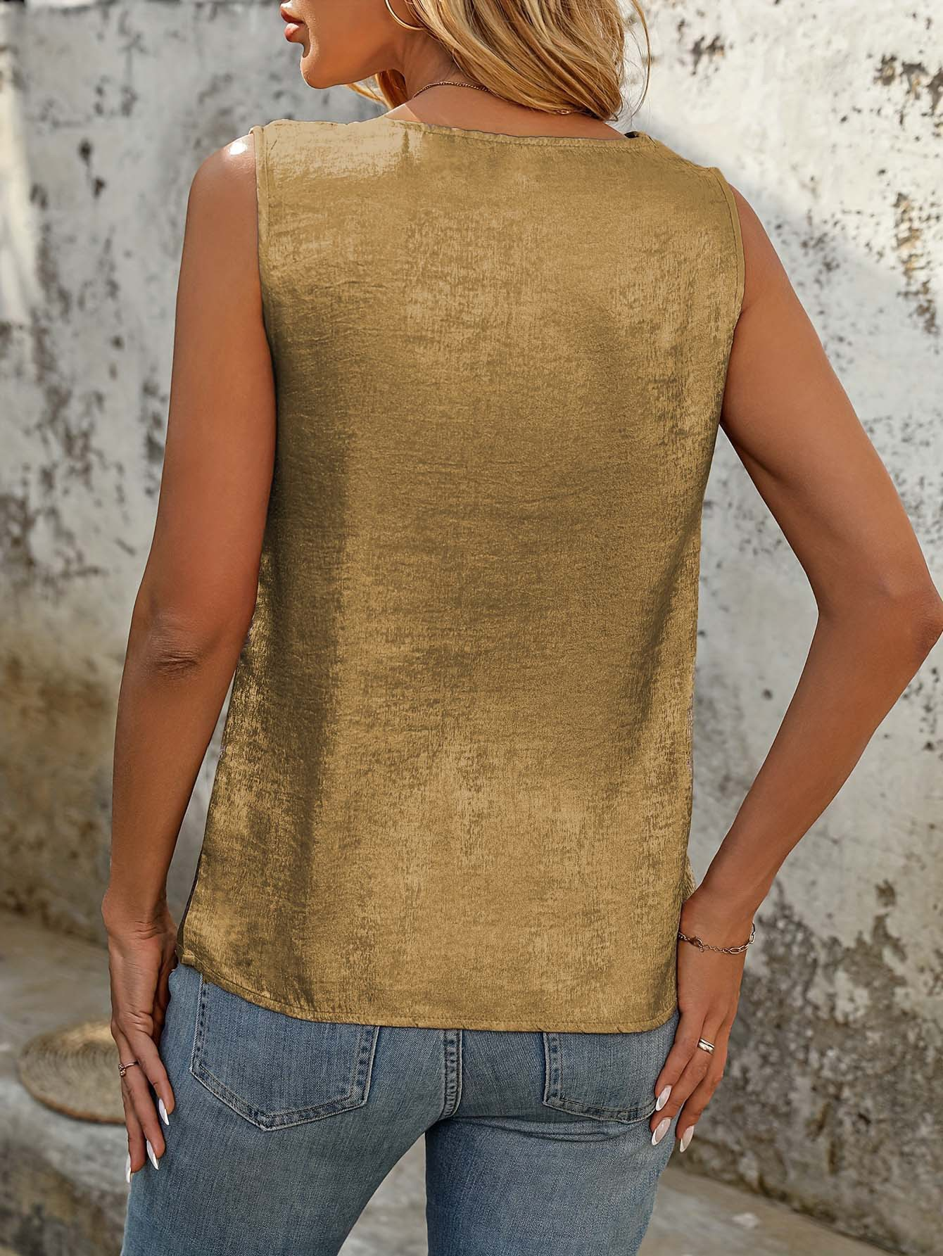 Plain Color Sleeveless Asymmetrical Neck Button Casual Top