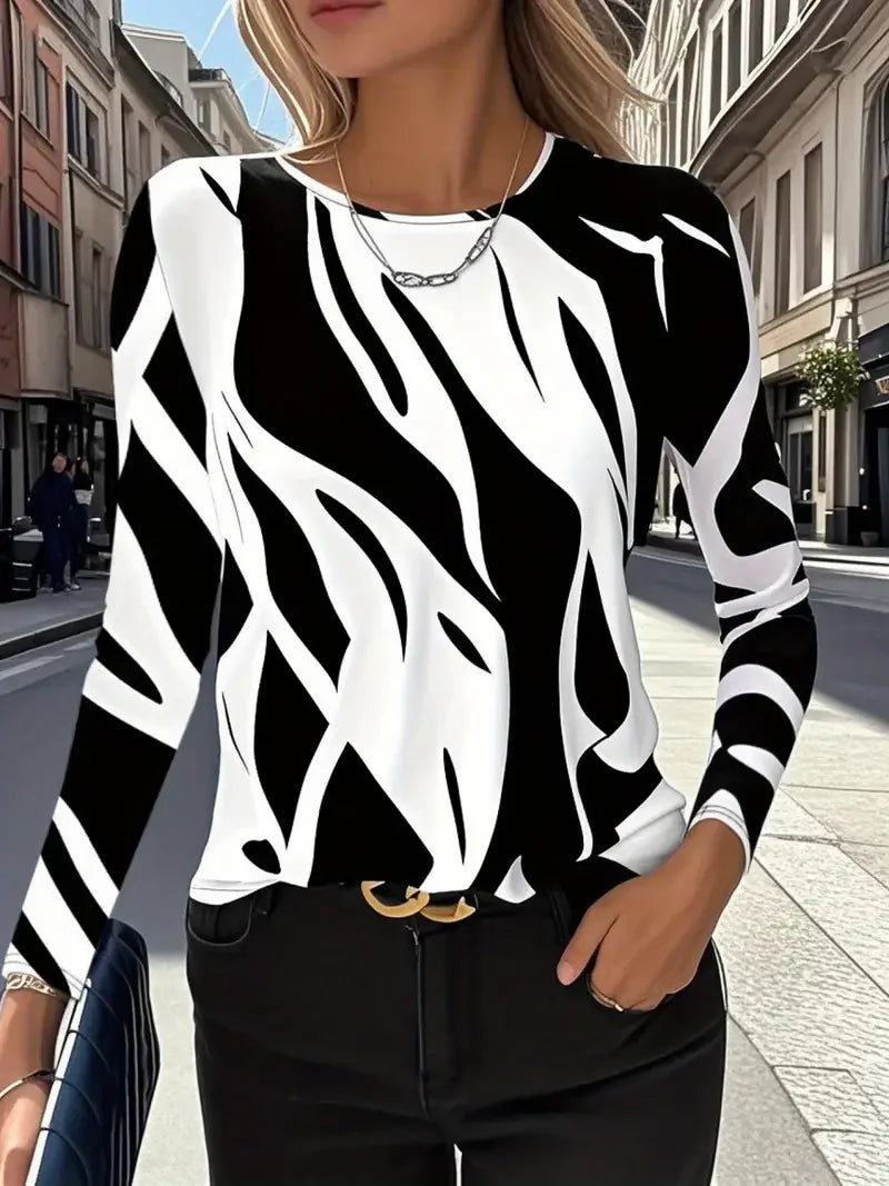 Women's Long Sleeve T-shirt Spring/Fall Black-white Abstract Printing Jersey Crew Neck Daily Going Out Casual Top