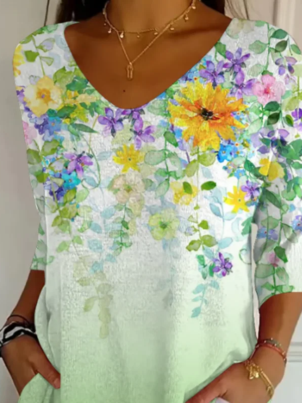 Women's Three Quarter Sleeve T-shirt Spring/Fall Green Floral Printing V Neck Daily Going Out Casual Top