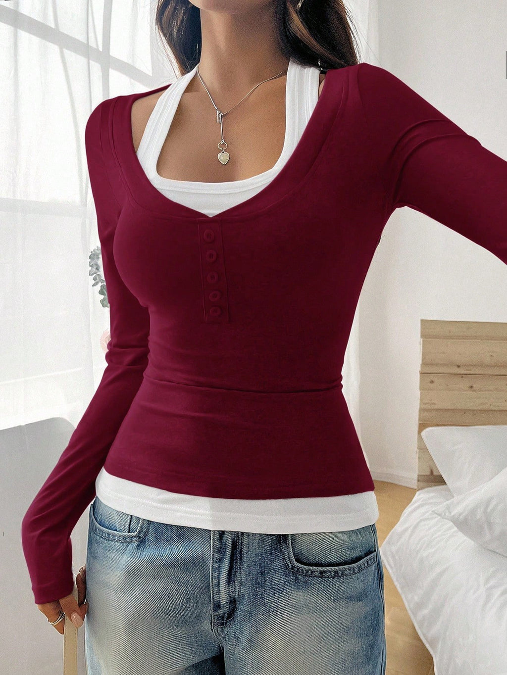 Square Neck Cotton Casual T-Shirt