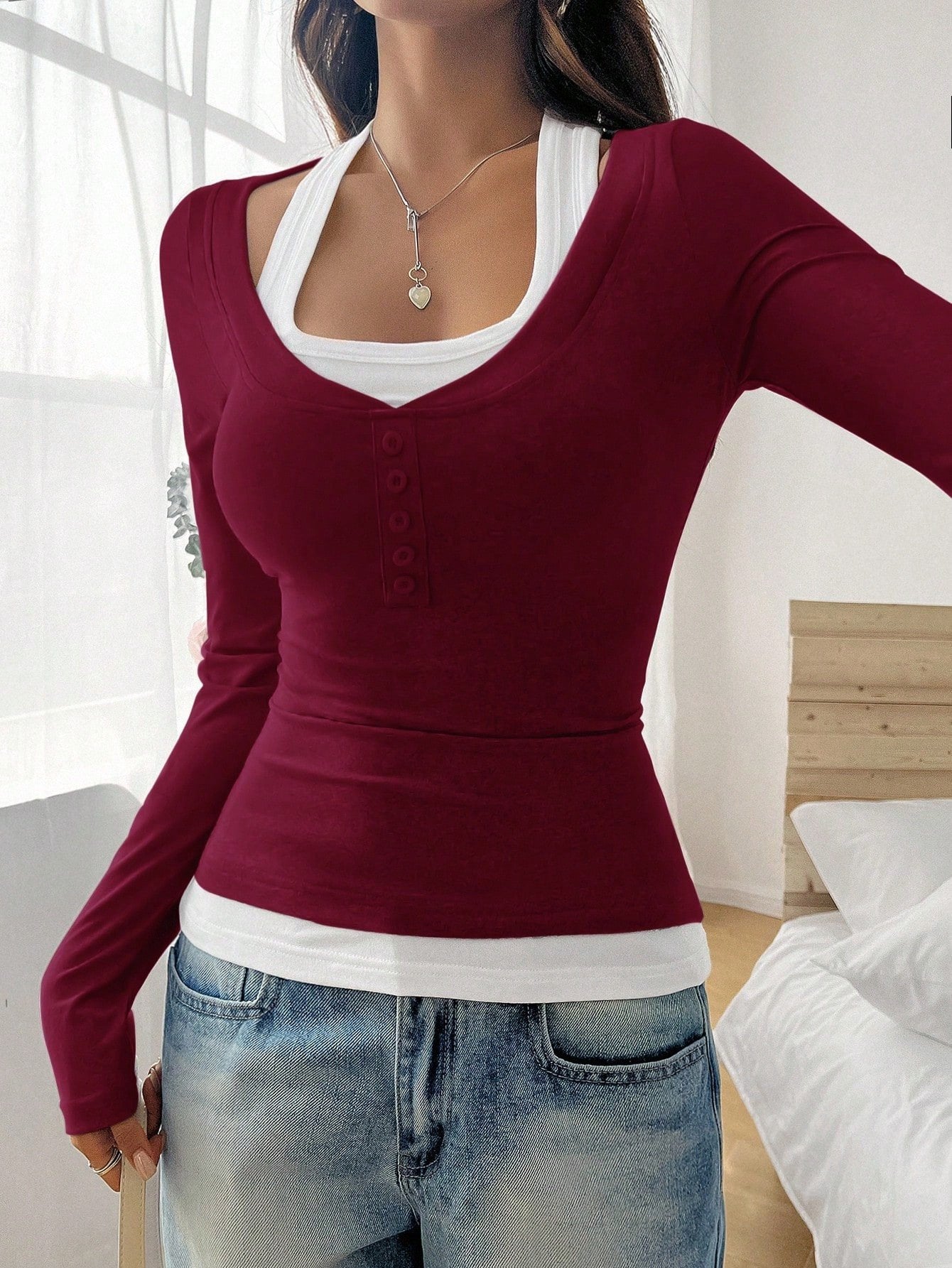 Square Neck Cotton Casual T-Shirt