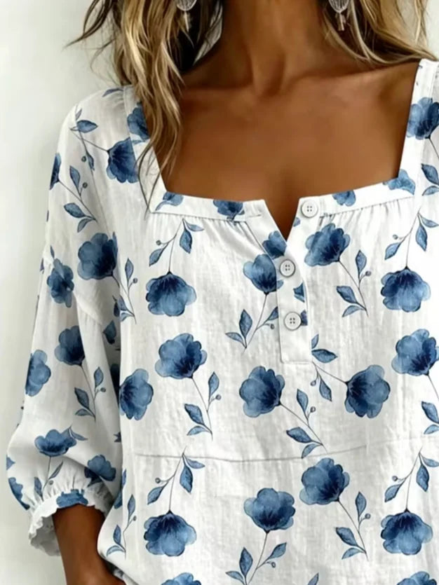 Women's Three Quarter Sleeve Blouse Spring/Fall White Floral Printing Square Neck Daily Going Out Vintage Top