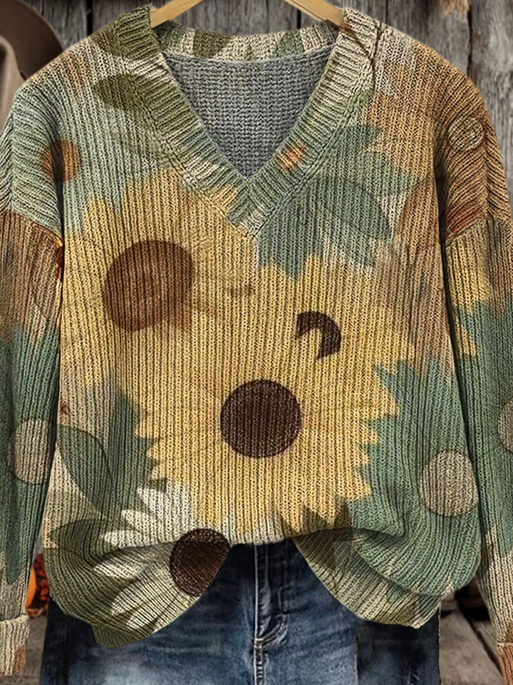 V Neck Vintage Loose Floral Sweater