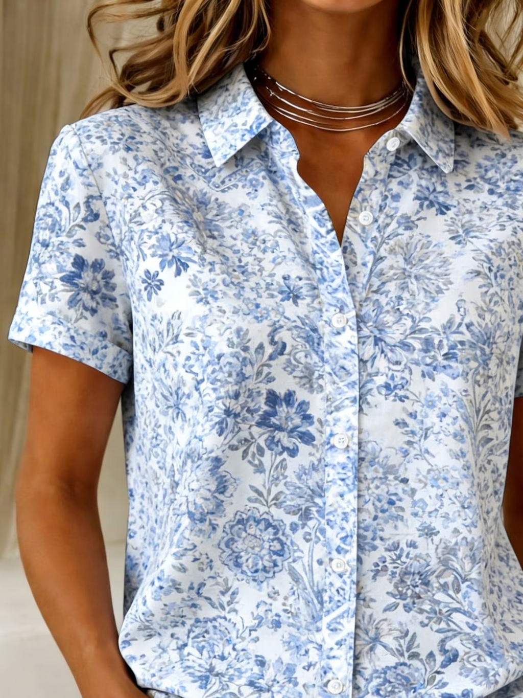 Women's Short Sleeve Shirt Summer Blue Floral Printing Shirt Collar Daily Going Out Casual Top