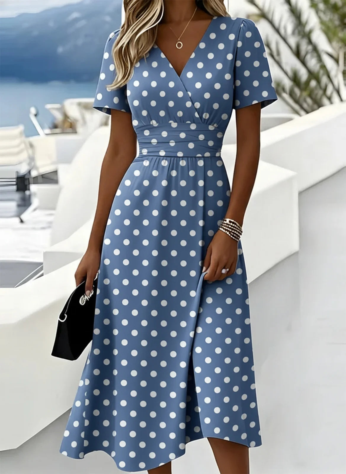 Regular Fit V Neck Elegant Polka Dots Dress With No