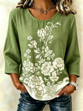 Vintage Botanical Pattern Round Neck Short Sleeve Daily Going Out Casual Top