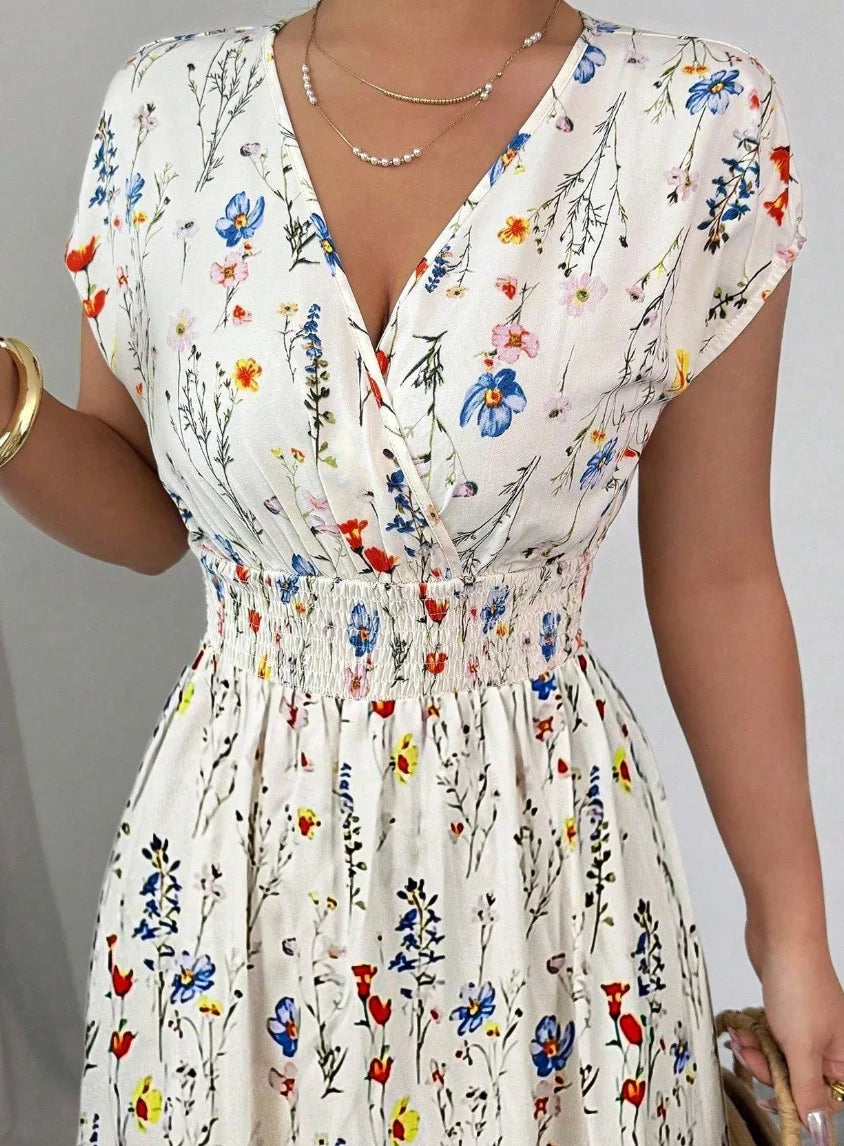 Floral Loose Elegant V Neck Dress With No