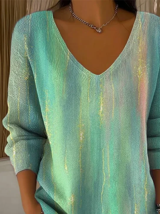 Women's Long Sleeve T-shirt Spring/Fall Green Abstract Printing V Neck Daily Going Out Casual Top