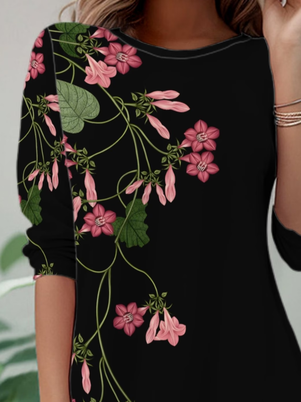 Women's Long Sleeve T-shirt Spring/Fall Black Floral Jersey Crew Neck Daily Going Out Casual Top