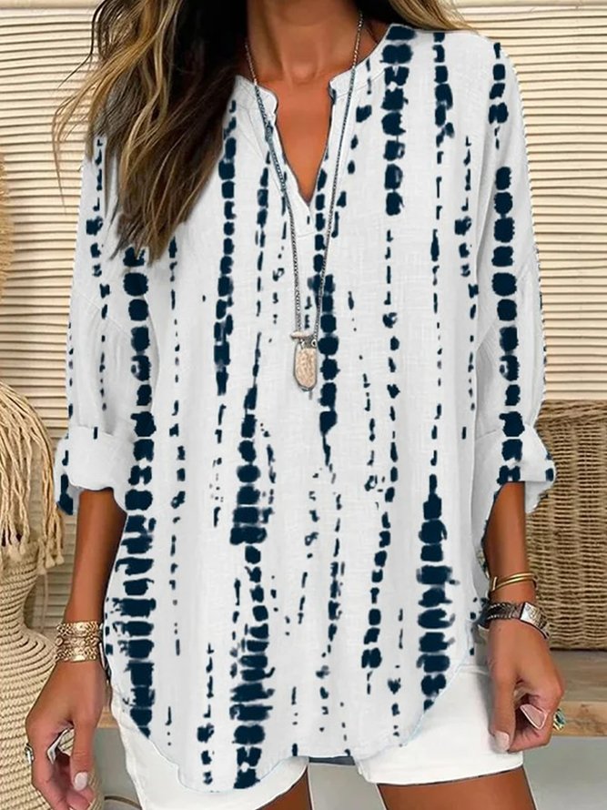 Women's Spring and Summer Striped Printed Casual Long Sleeve V-Neck Shirt
