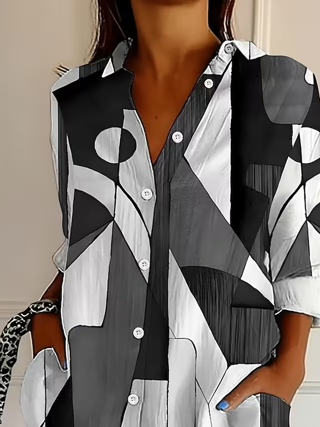 Women's Long Sleeve Shirt Spring/Fall Gray Abstract Buckle Shirt Collar Regular Sleeve Daily Going Out Casual Top