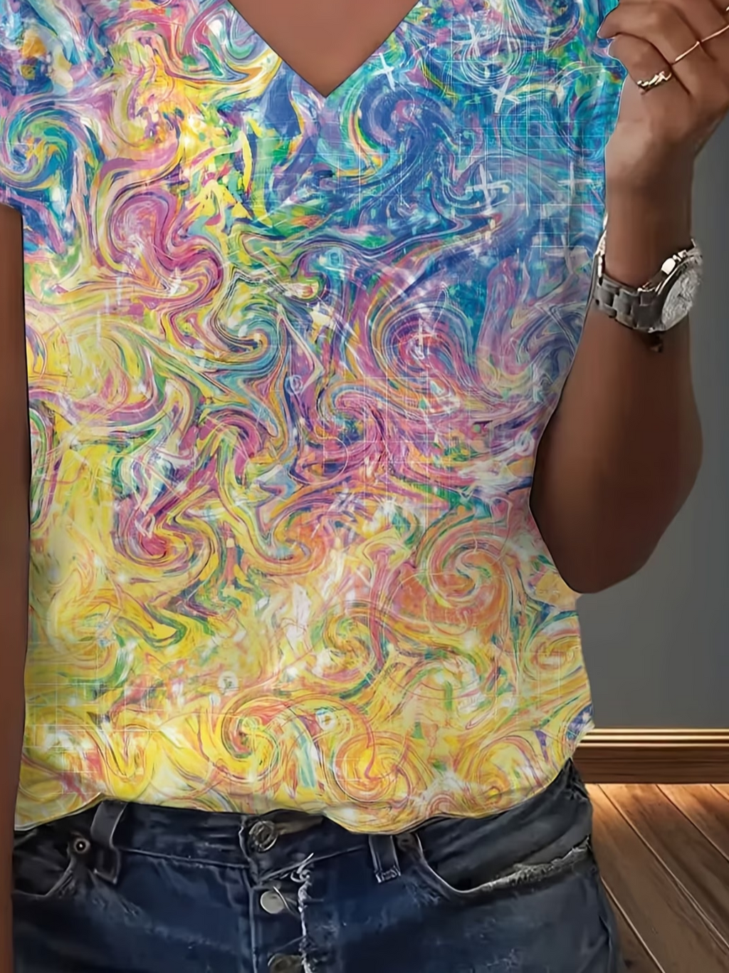 Women's Short Sleeve T-shirt Summer As Picture Abstract Printing V Neck Holiday Going Out Vintage Top