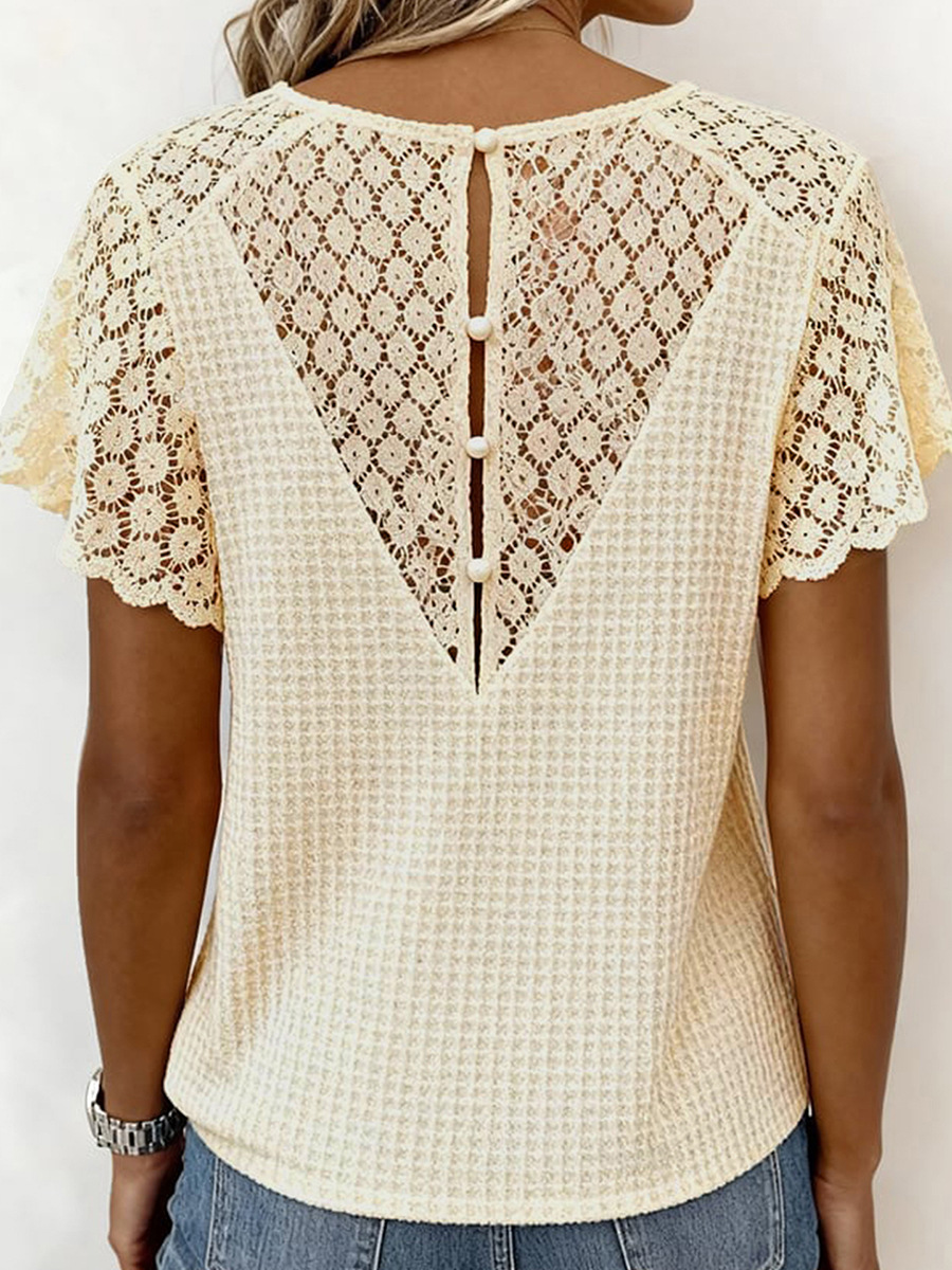 Lace Patchwork Loose Short Sleeve V Neck Summer Going Out Casual T-Shirt