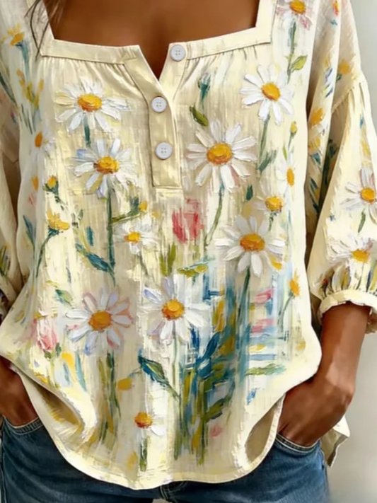 Women's Three Quarter Sleeve Blouse Spring/Fall Beige Floral Printing Square Neck Daily Going Out Vintage Top