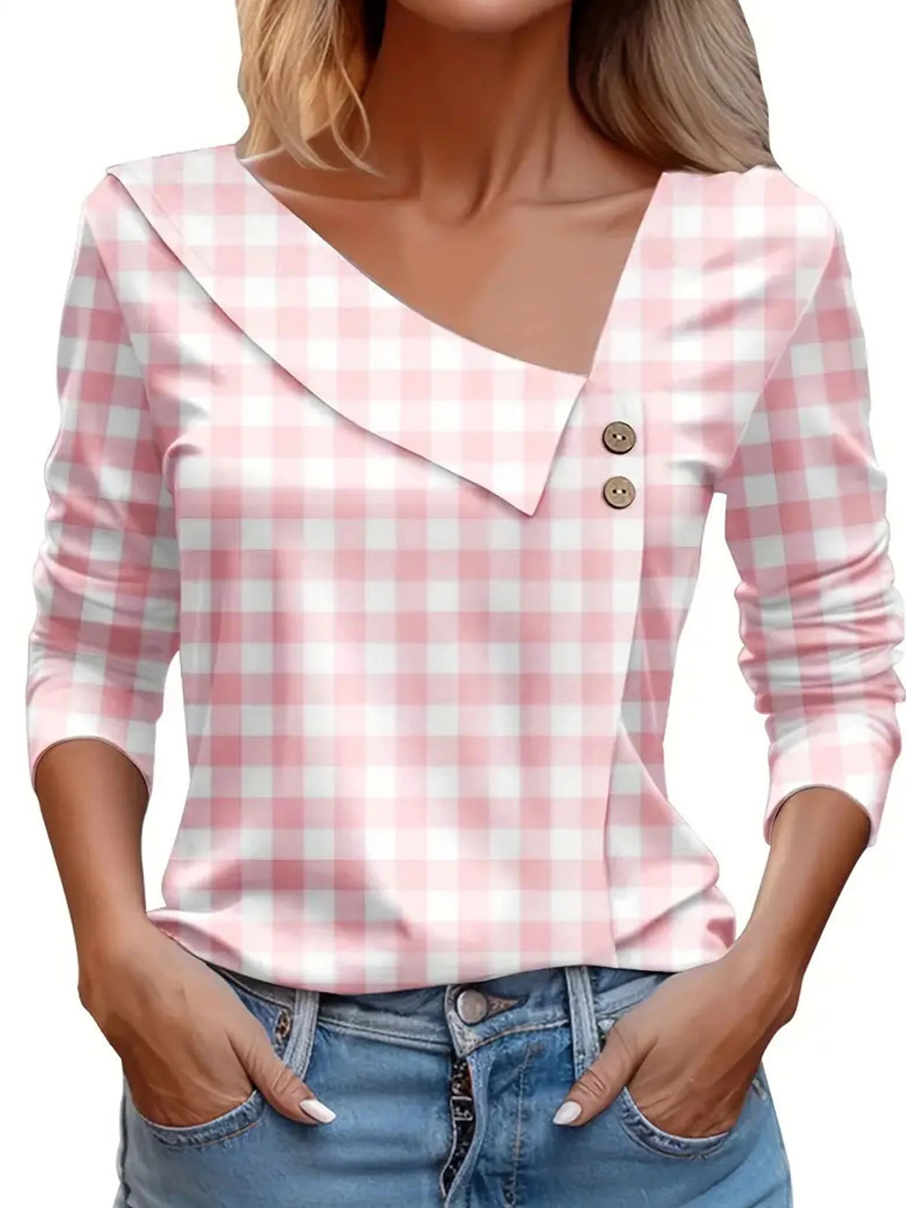 Polka Dots Asymmetrical Neck Button Going Out Casual T-Shirt