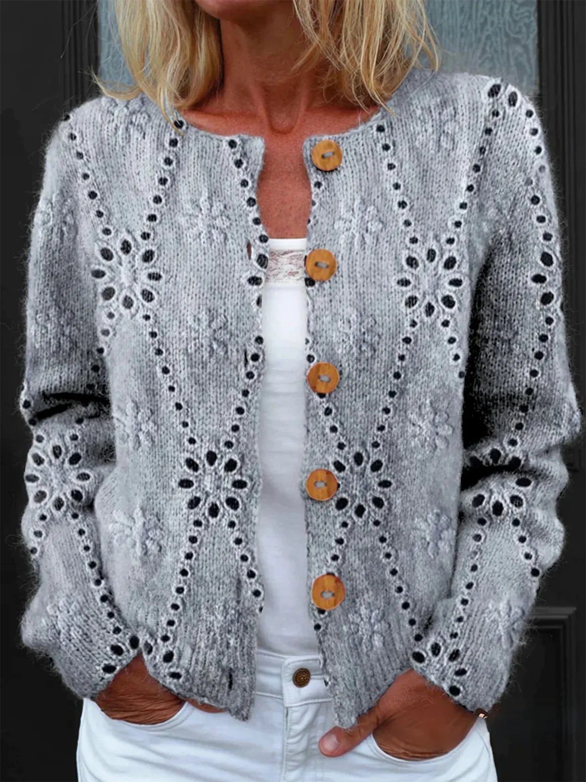 Vintage Crew Neck Geometric Loose Cardigan