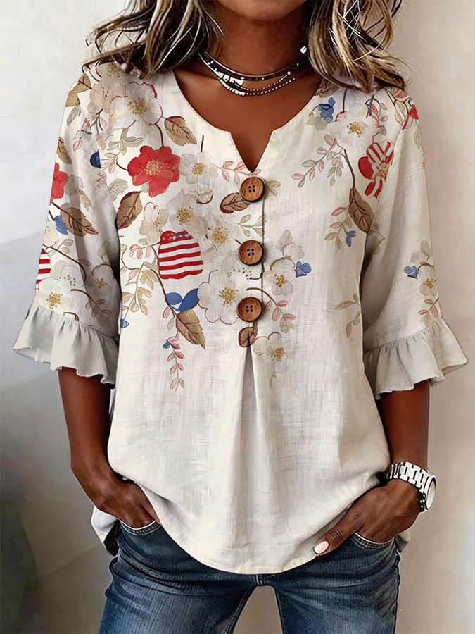 Women's Half Sleeve Blouse Summer Apricot Floral Printing V Neck Daily Going Out Vintage Top