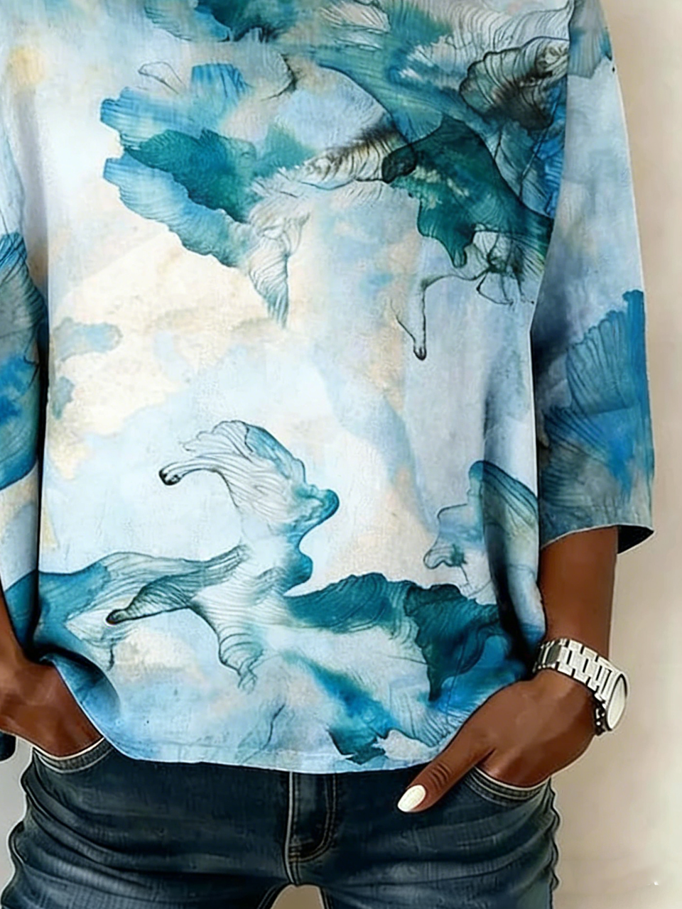 Cotton And Linen Chevron Vintage Crew Neck Shirt
