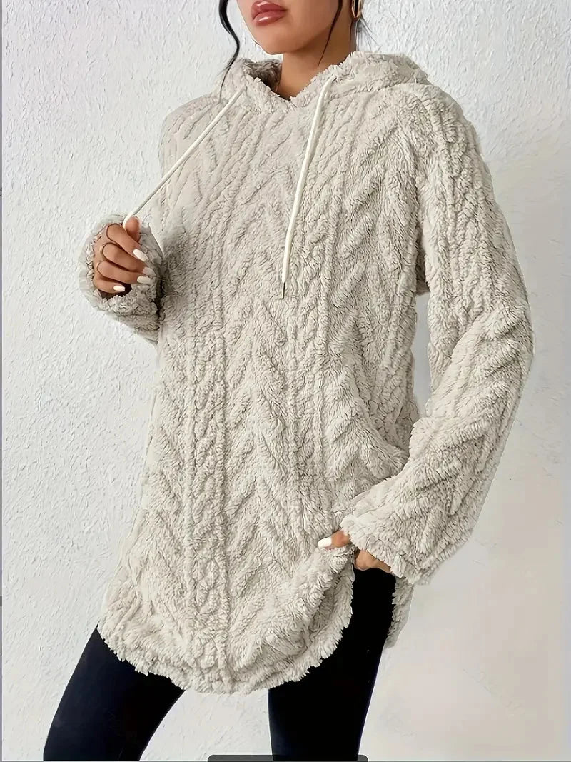 Women's Solid Color Hooded Long-Sleeved Plush Mid-Length Sweatshirt