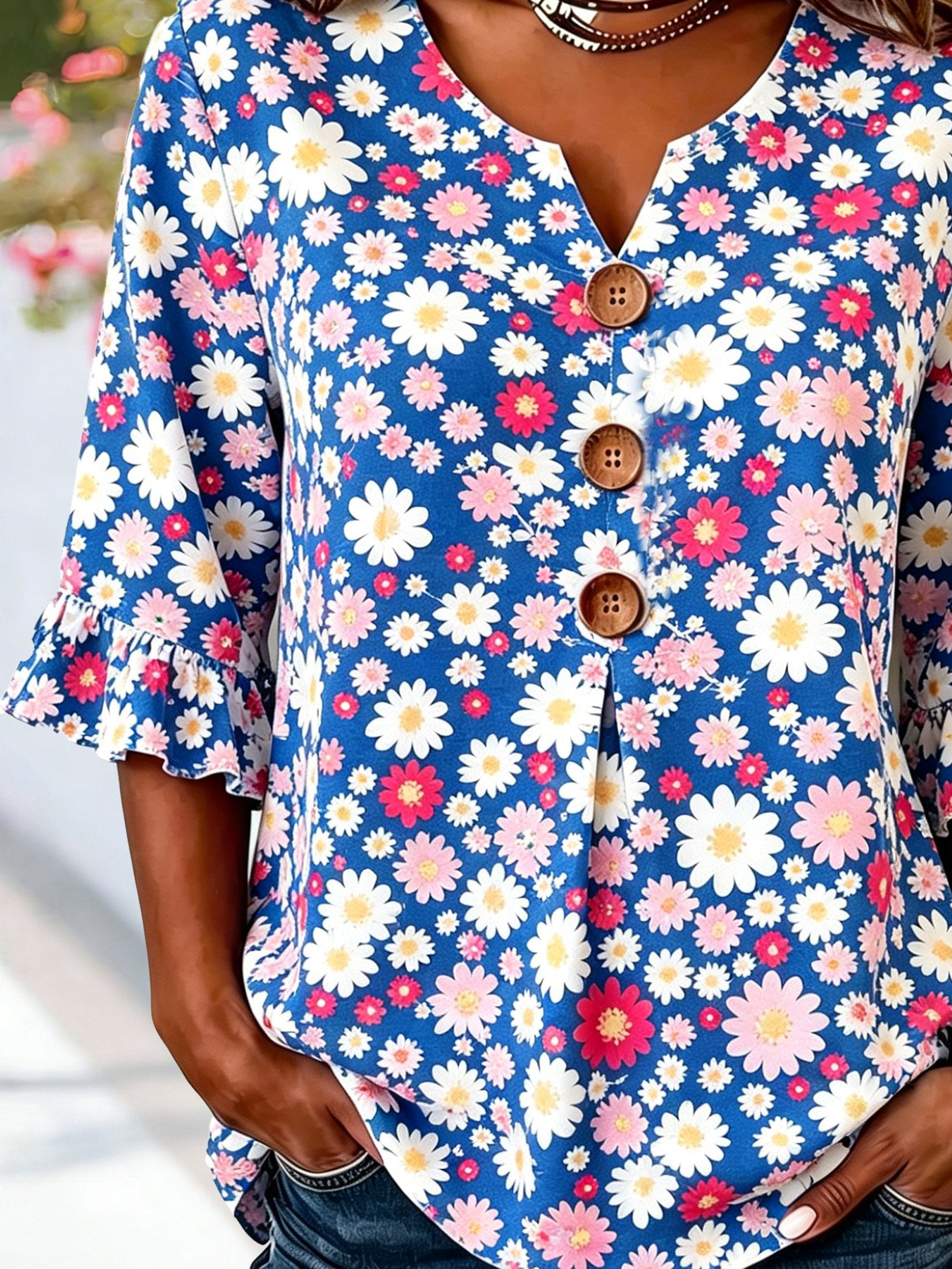 Women's Daisy Floral Half Sleeve Blouse Summer White Plain Peplum V Neck Button Daily Going Out Vintage Top