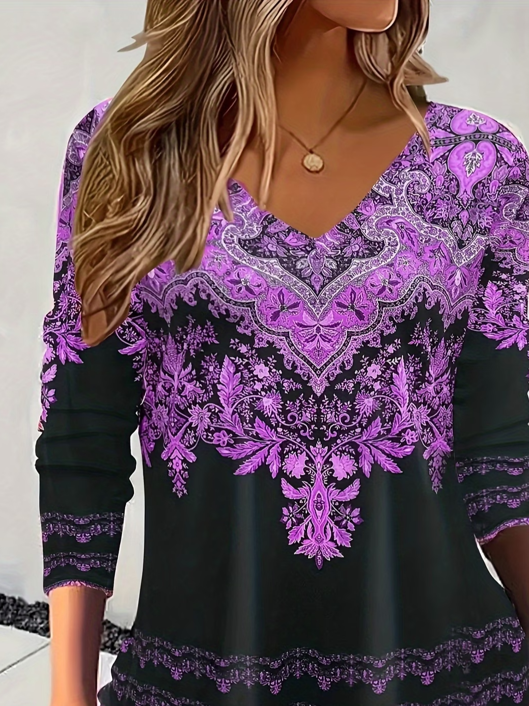 Women's Long Sleeve T-shirt Spring/Fall Purple Ethnic Printing Jersey V Neck Daily Going Out Casual Top