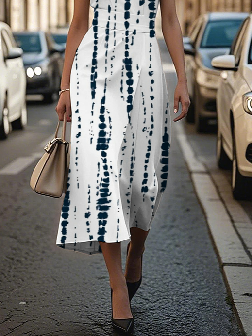 Women's Sleeveless Summer White Striped Printing Crew Neck Daily Going Out Vintage Maxi H-Line Shift Dress Dress