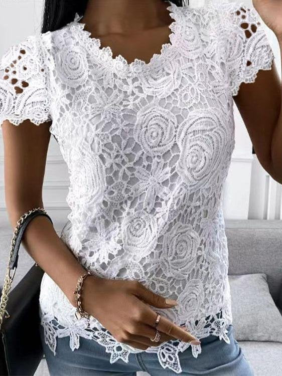Crew Neck Lace Loose Elegant T-Shirt