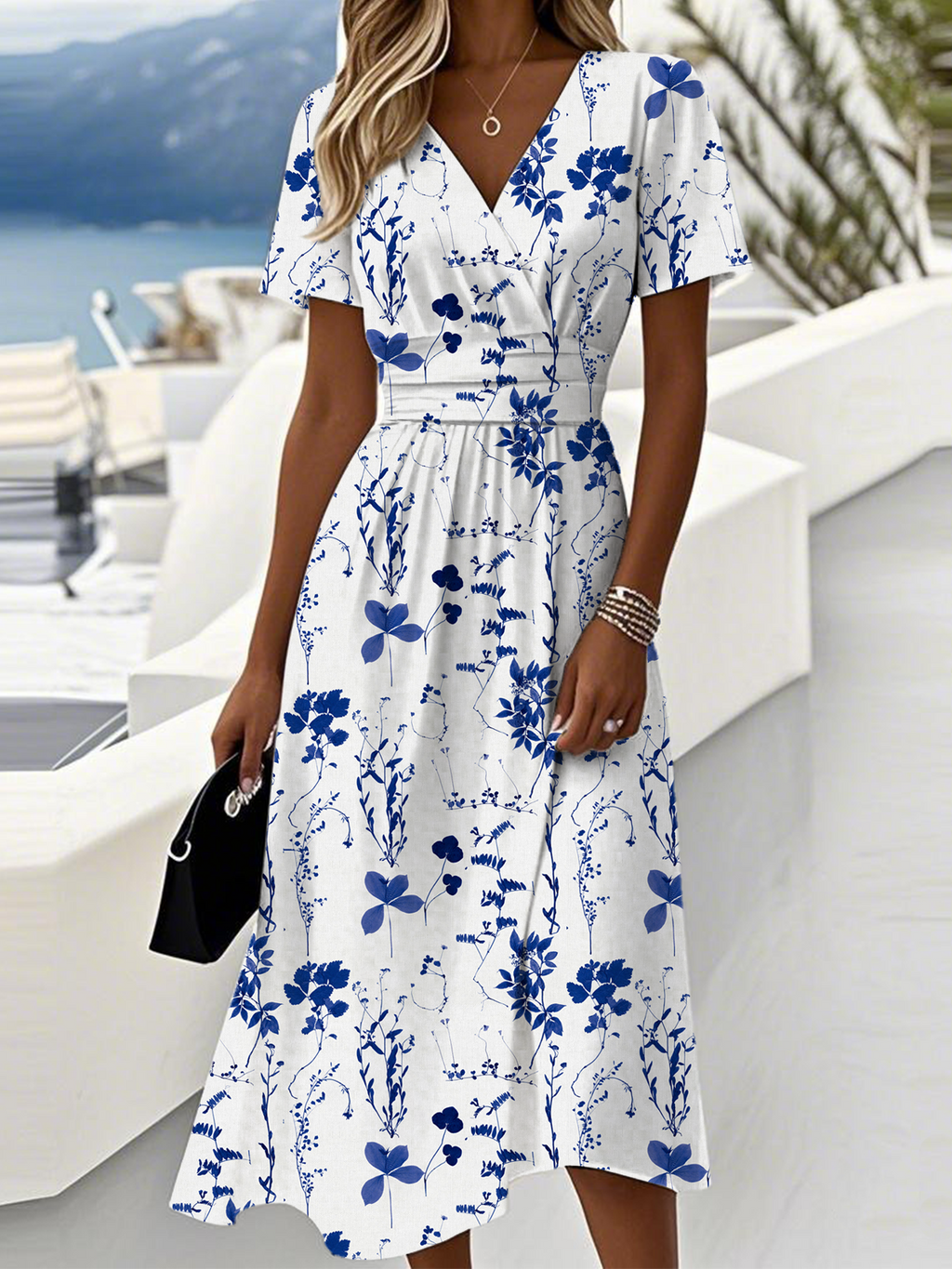 Regular Fit V Neck Casual Leaf Dress With No