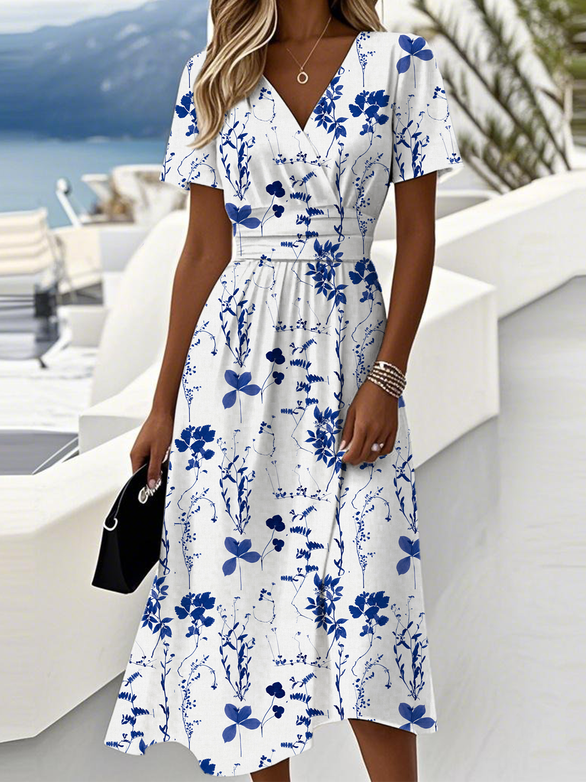 Regular Fit V Neck Casual Leaf Dress With No