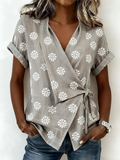 Cotton And Linen Botancial Floral Printed Wrap Detail V Neck Short Sleeve Irregularly Shaped Hem Vintage Casual Blouse