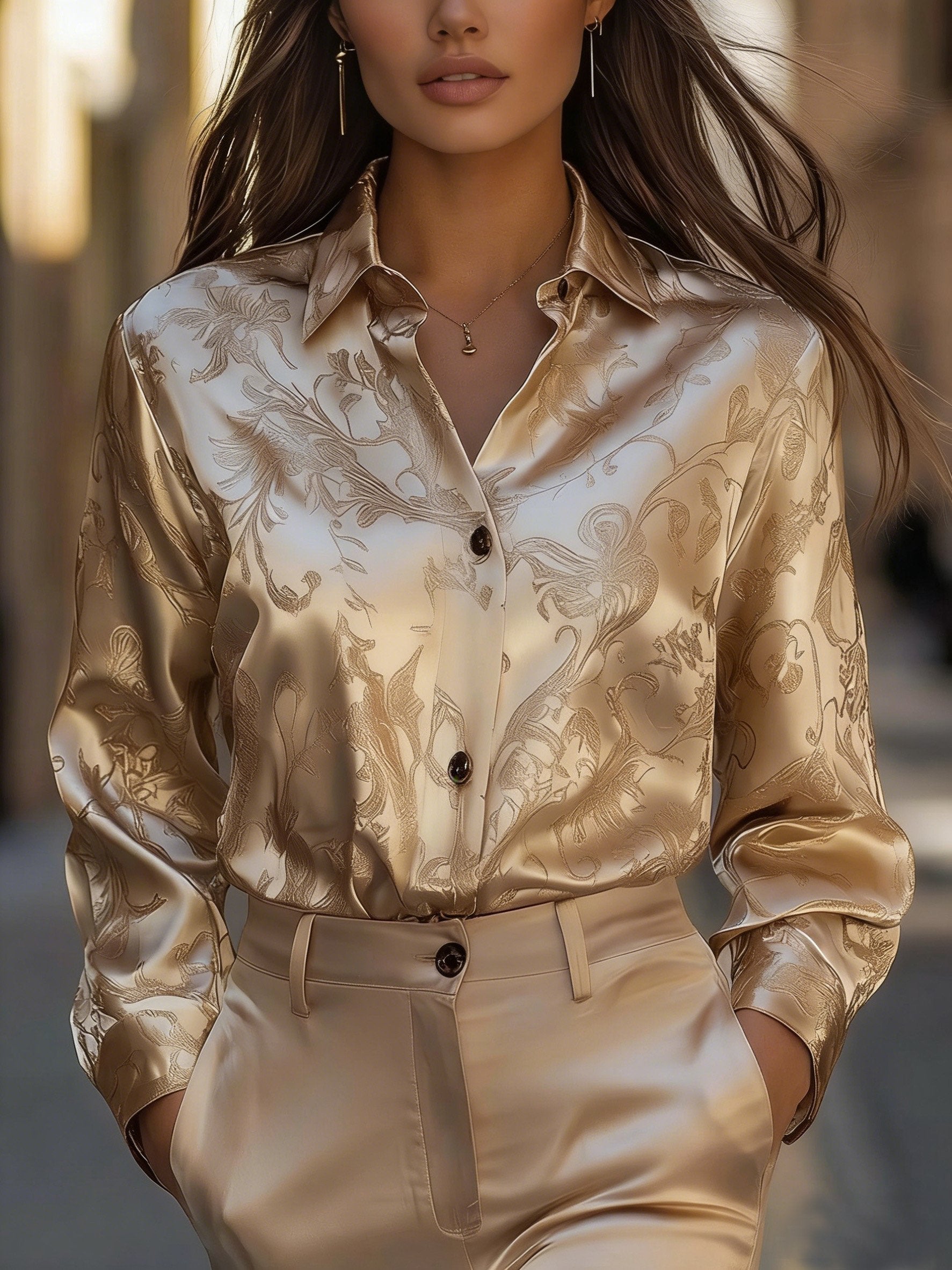 Satin Floral Pattern Elegant Floral Going Out Shirt
