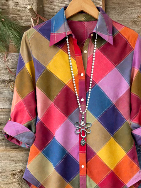 Women's Long Sleeve Shirt Spring/Fall As Picture Multicolor Block Buckle Shirt Collar Regular Sleeve Daily Going Out Casual Top