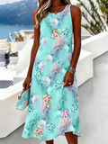 Women's Turquoise Floral Print Midi Dress Sleeveless Round Neck Casual Beach Dress
