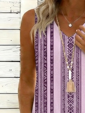 Striped Casual V Neck Loose Dress With No