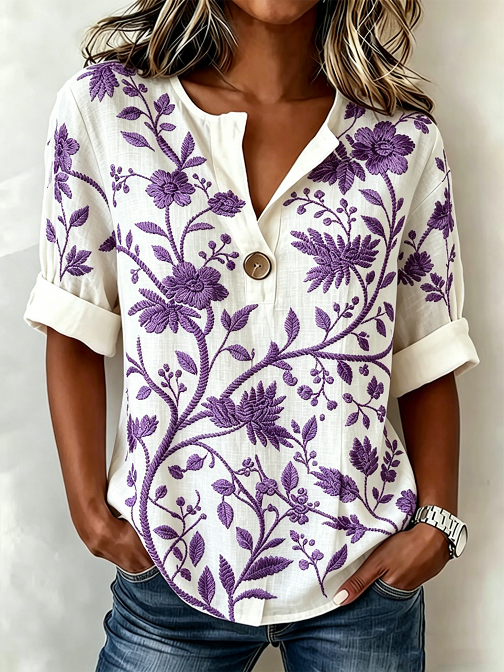 V Neck Linen Blend Simple Loose Shirt
