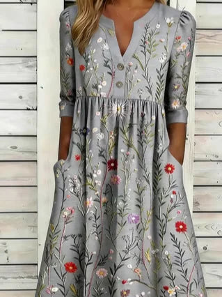 Vintage Loose Botanical Pattern Half Open Collar Dress With No