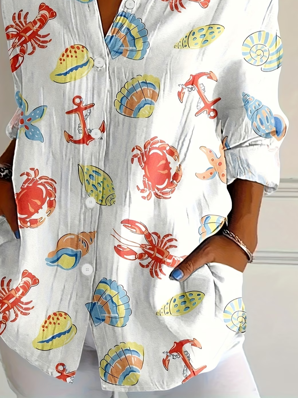 Women's Long Sleeve Shirt Spring/Fall White Marine Life Buckle Shirt Collar Regular Sleeve Daily Going Out Casual Top