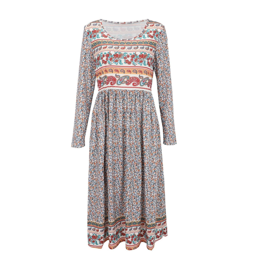 Floral Vintage Loose Crew Neck Dress With No