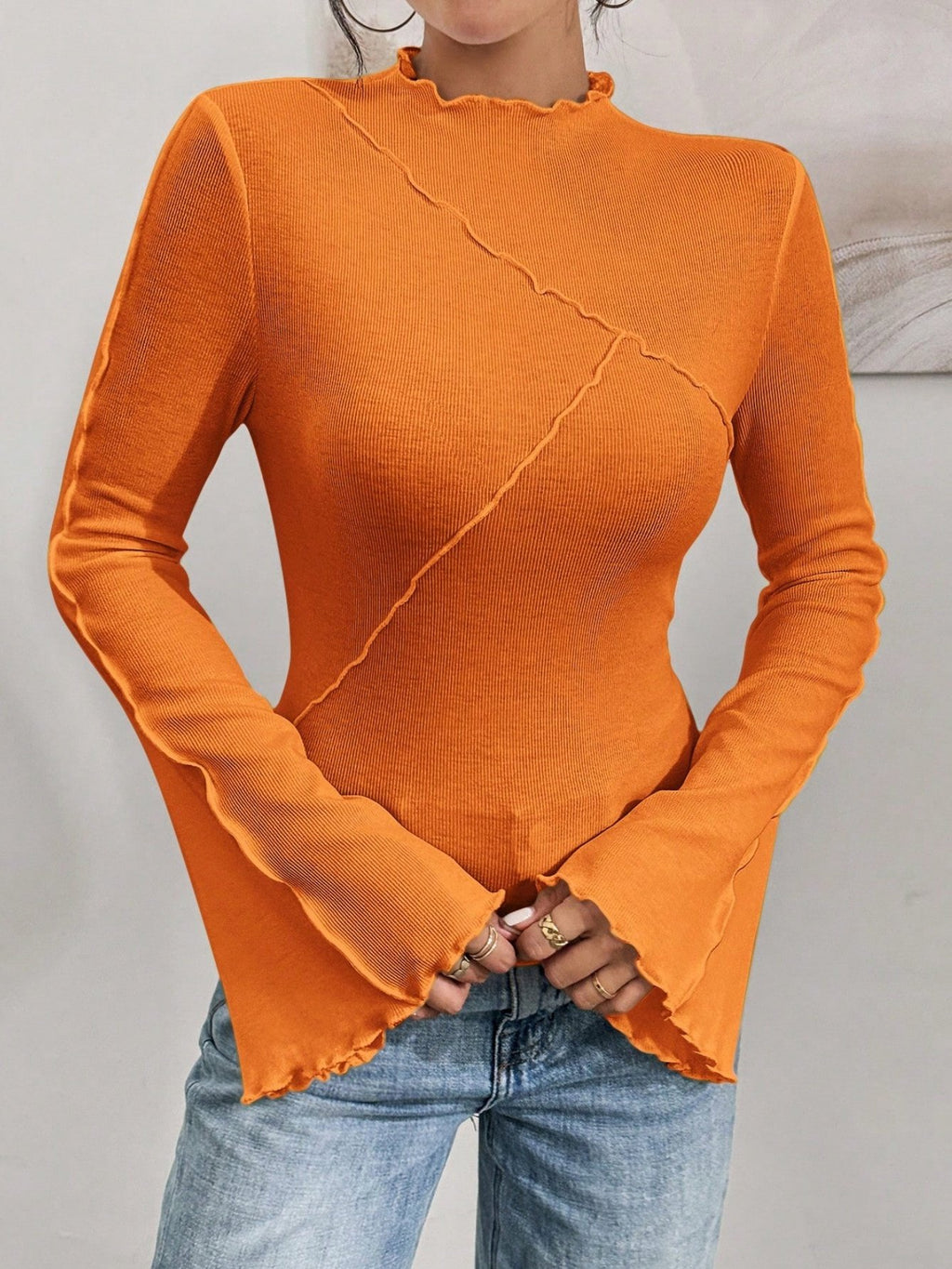Women's Long Sleeve T-shirt Spring/Fall White Plain Split Joint Mock Neck Bell Sleeve Daily Going Out Casual Top