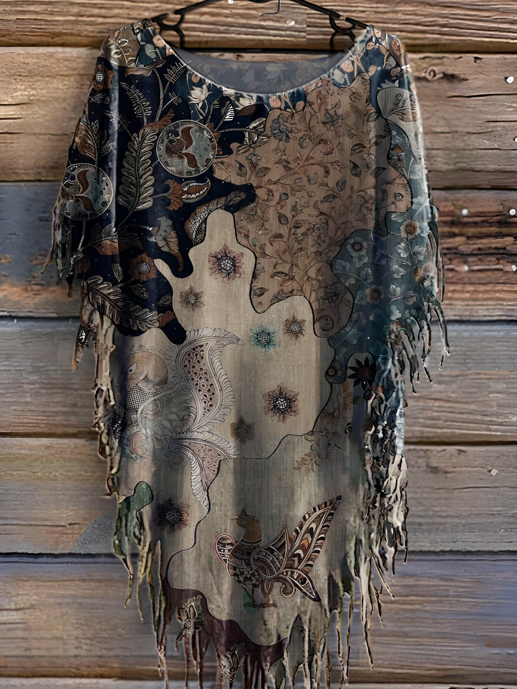 Women's Retro Floral Print Punk Hippie Batwing Tussle Fringes Poncho T-Shirt