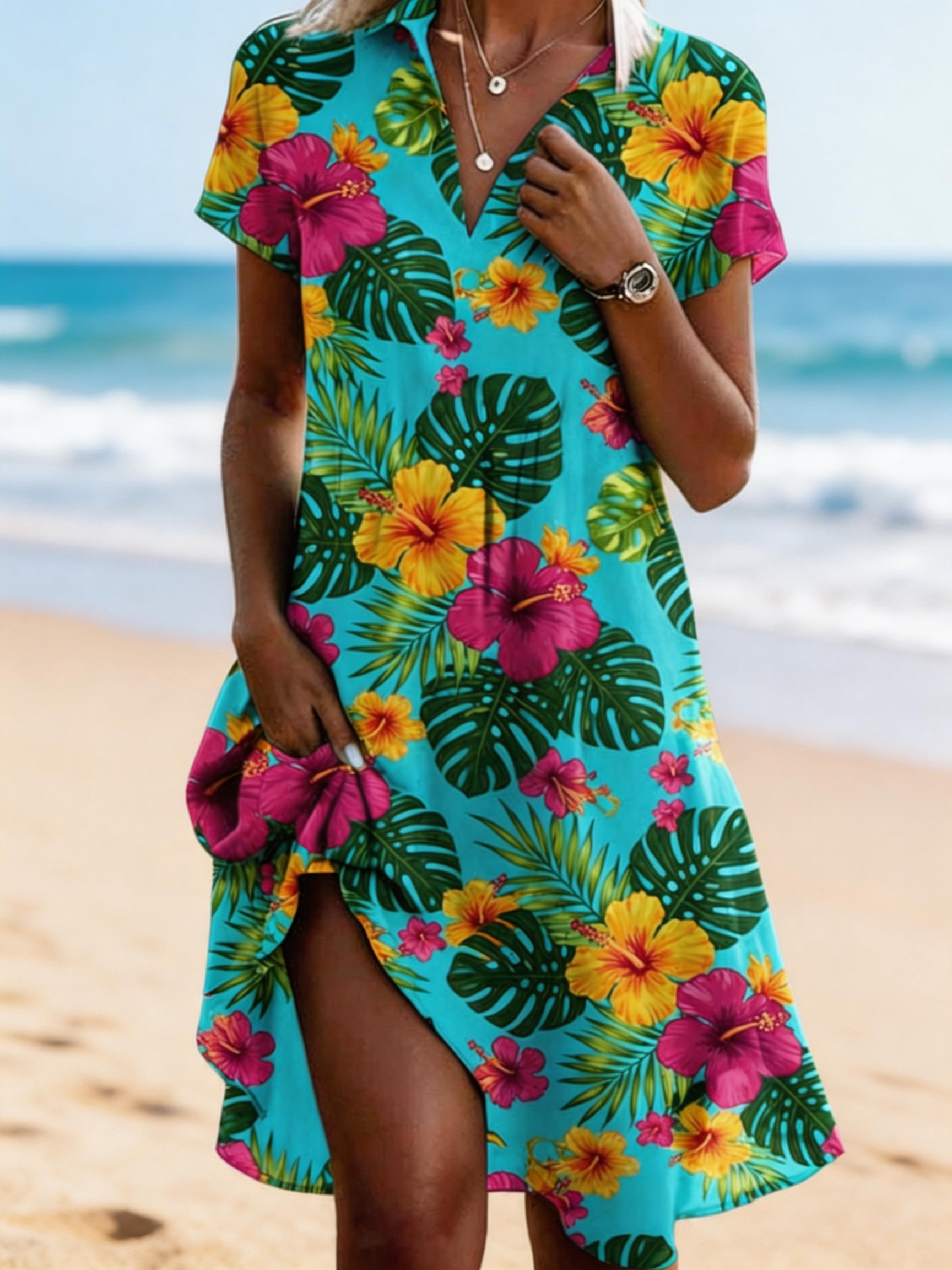 Women's Tropical Hibiscus Print V-Neck Beach Midi Dress