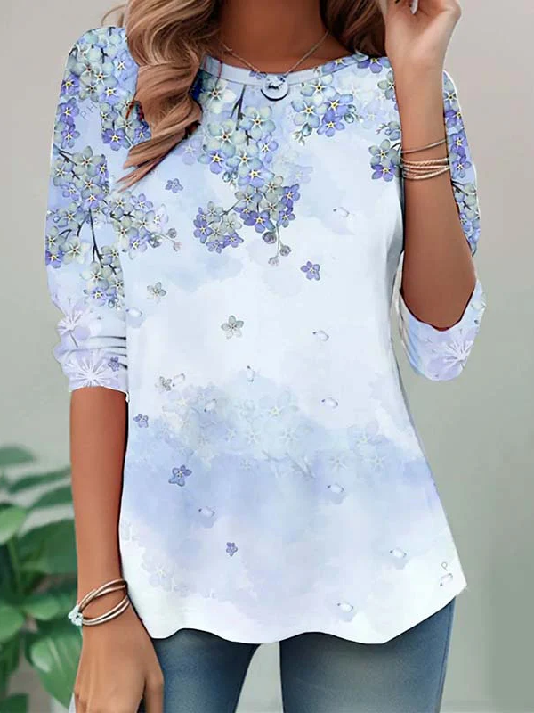 Women's Long Sleeve T-shirt Spring/Fall Blue Floral Printing Jersey Crew Neck Daily Going Out Casual Top