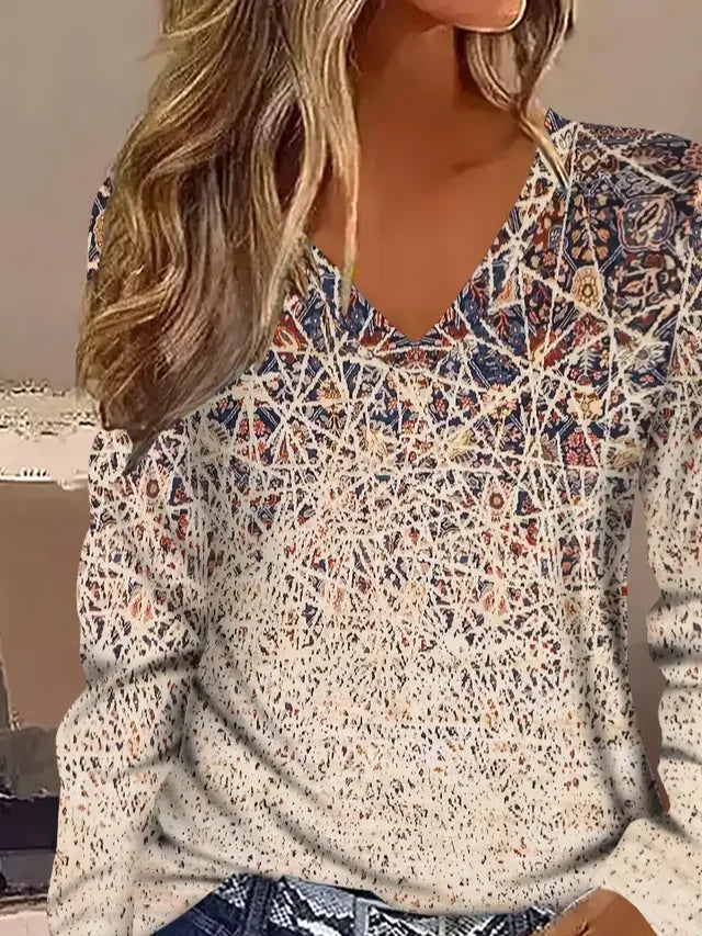 Women's Long Sleeve T-shirt Spring/Fall Khaki Abstract Printing Jersey V Neck Daily Going Out Casual Top