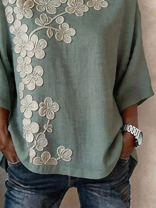 Women's Half Sleeve Blouse Summer Green Floral Printing Crew Neck Daily Going Out Vintage Top