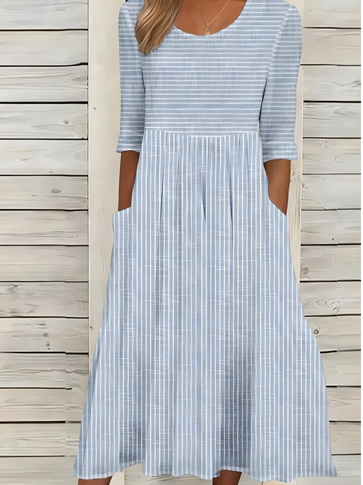 Loose Crew Neck Casual Striped Dress With No