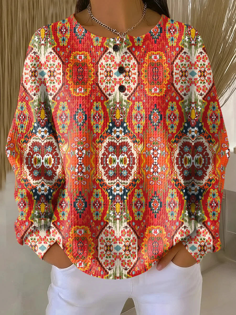Women's Abstract Print Button-Up Casual Waffle Knit Sweatshirt
