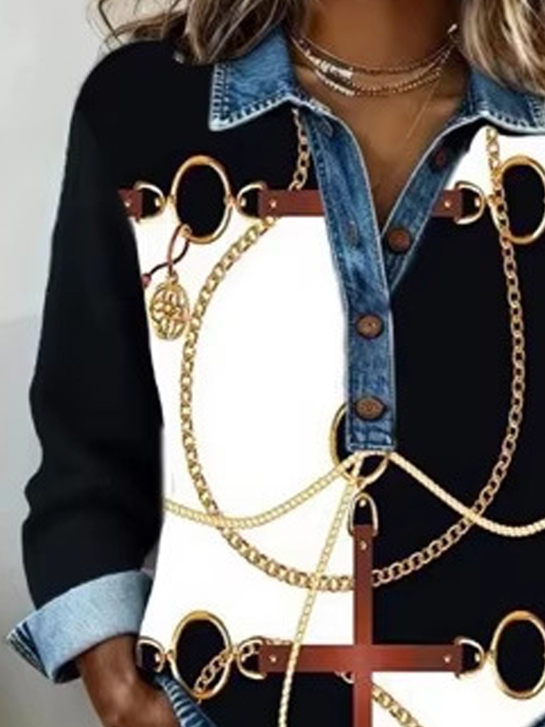 Geometric Color Block Denim Casual Loose Long Sleeve Button Shirt Collar Going Out Casual Shirt