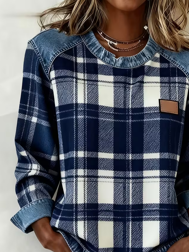 Women's Plaid Print Patchwork Denim Crewneck Long-Sleeved Sweatshirt