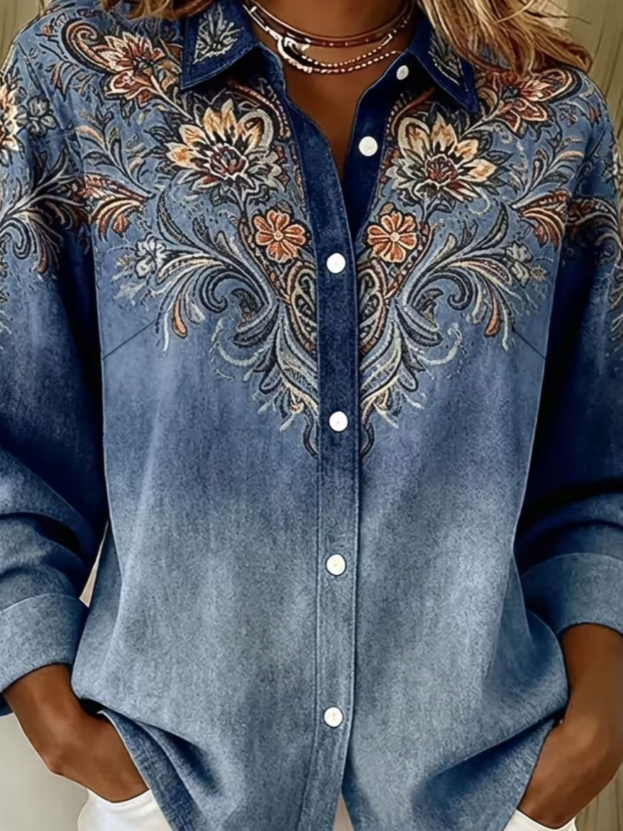 Shirt Collar Casual Faux Denim Print Graphic Loose Shirt
