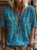 Women's Short Sleeve T-shirt Summer Blue Floral Printing Jersey Crew Neck Daily Going Out Casual Top